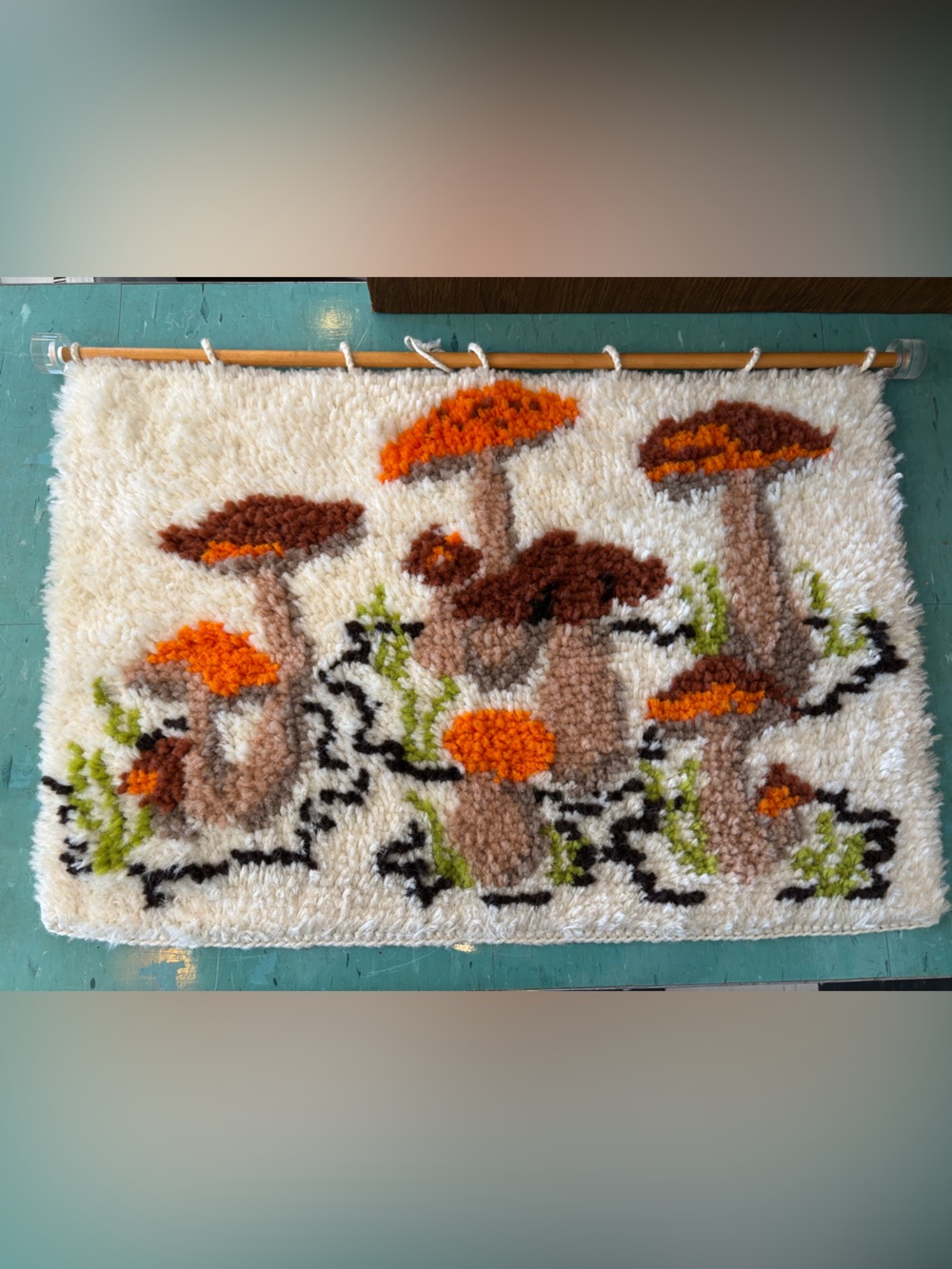 Vintage latch hook wall Rug mushrooms wall art 1970’s